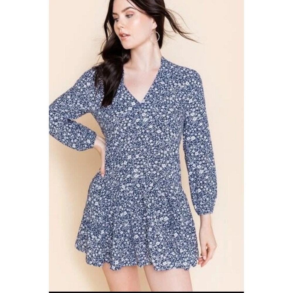 Francesca's Mi Ami Anita Blue Floral V-Neck Mini Baby Doll Dress,‎ Small